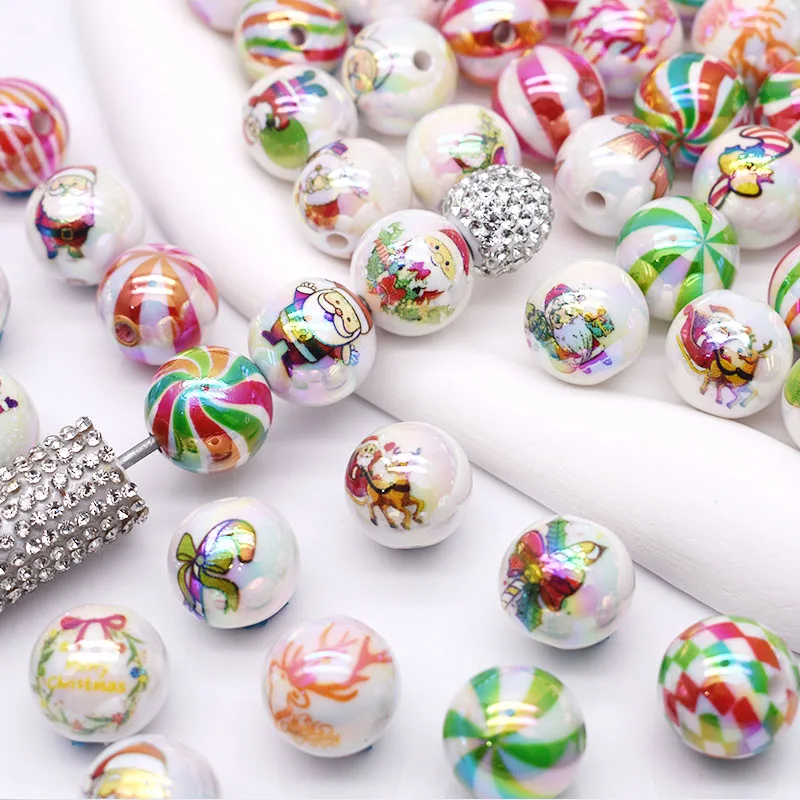 16mm Acrylic Beads Christmas Color Drawn Christmas Tree Santa Claus Round Loose Spacer Beads for Jewelry Making Diy Bracelets