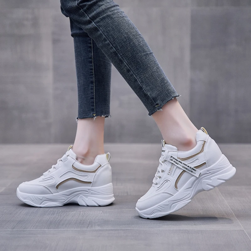 Spring Autumn New PU Lace Up Height Increasing Thick Soled Vulcanize Shoes 2024 Casual Versatile Comfortable Women Sneakers