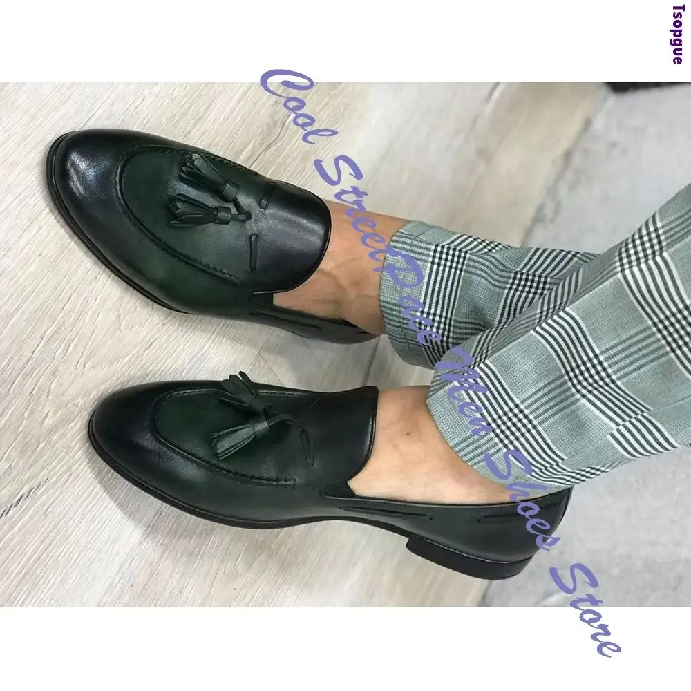 Men Dark Green Tassel Penny Loafers 2026 Zapatillas Mujers Flat with Handmade Matte Leather Slip On Wedding Office Footwear