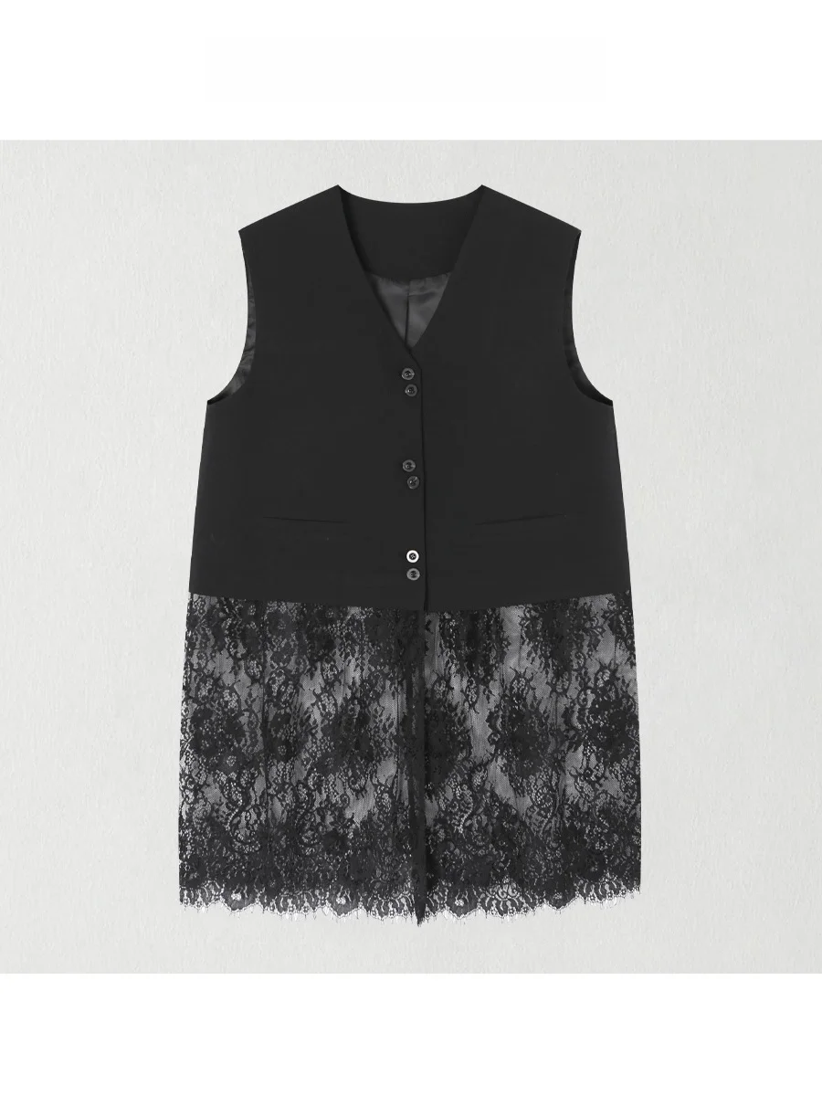 

Versatile Button-Up Lace Patchwork V-Neck Suit Jacket Casual Style Women's Vest D928 Month without Fish New Collection