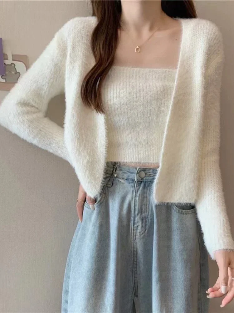 Korea Two Pieces Set Cardigan Women Sweet Solid Color Long Sleeve Knitted Sweater Sleeveless Strap Vest Woman Simple Soft Tops