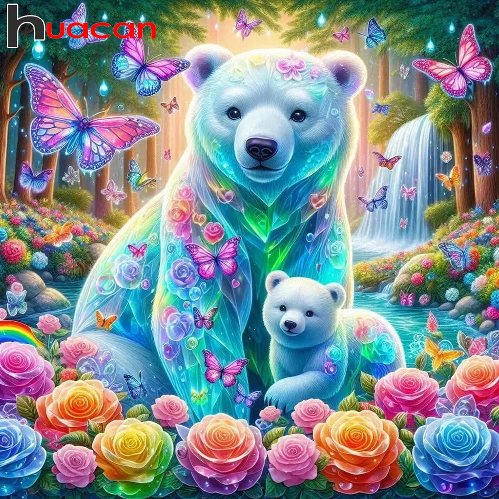 Huacan Vollquadrat Rundes Diamantgemälde Eisbär Diamantmosaik Tierblume Vollständiges Bild aus Strasssteinen