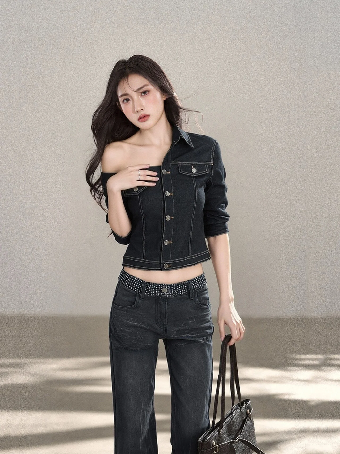 

LIXIAOWAN Retro Asymmetric Shoulder Women's Denim Shirt Waist Cinched mid Sleeve Casual Style Short Length Open Cardigan