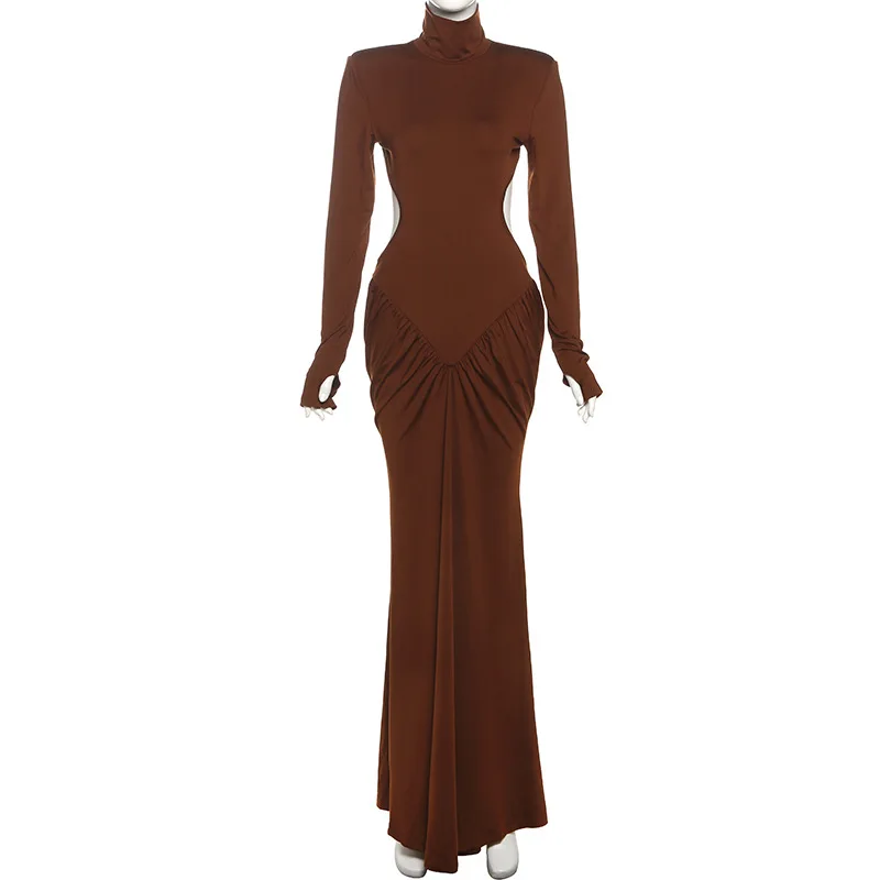 Elegant Sexy Backless Ruched Bodycon Maxi Dress 2025 Autumn Women Solid Turtleneck Full Sleeve Slim Party Long Robe Vestidos