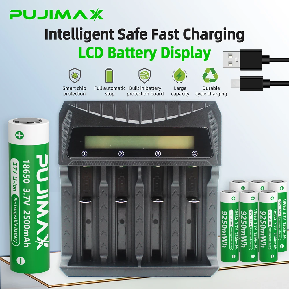 PUJIMAX 2500mAh Battery 3.7v Li-ion Rechargeable Battery+USB Charger for Pointer Doorbell Flashlight Toys Fans Lithium Batteries