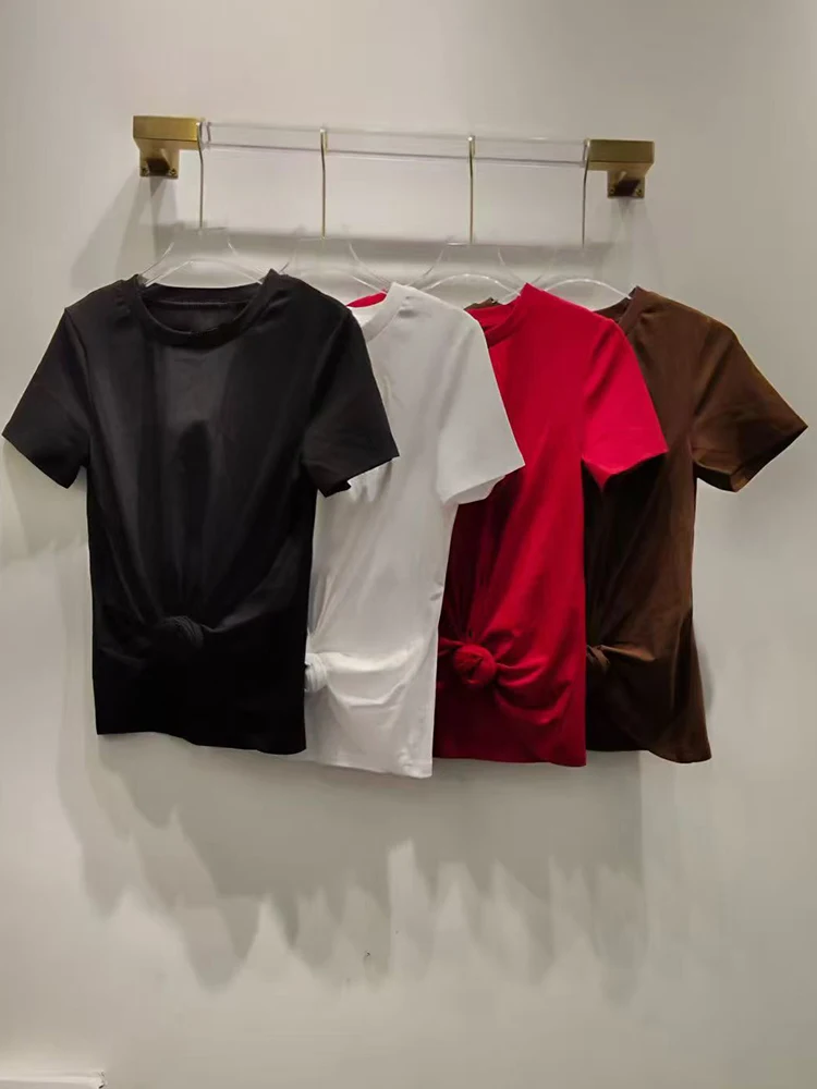 

2025 Summer Women's Wear retro twisted irregular round-neck short-sleeved T-shirt, fashionable and versatile knitted pullover