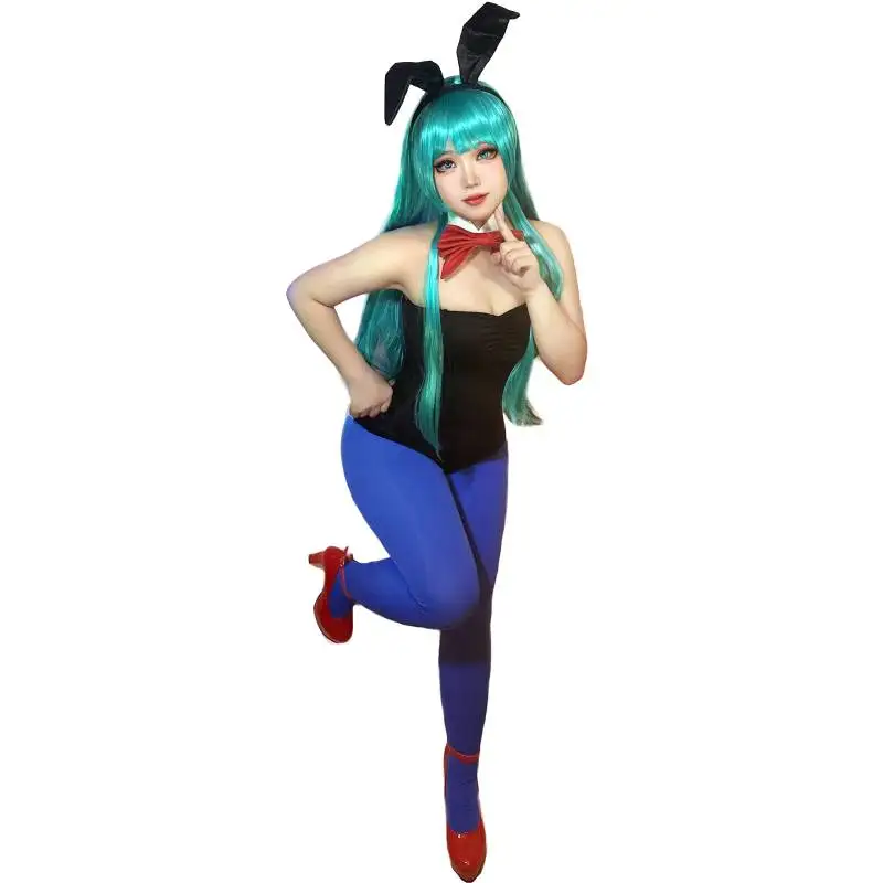 WENAM Anime Dragonball Bulma Cosplay Bulma Bunny Girl Bodysuit Uniform Set Women Halloween Party Sexy Costume with Bunny Ears