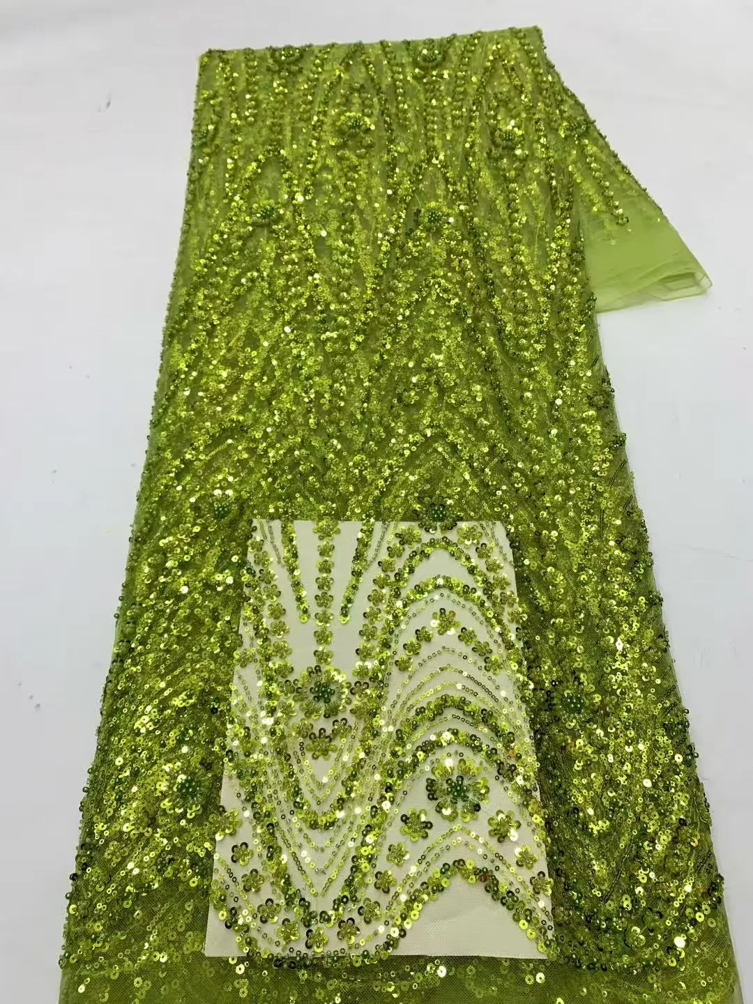 

African Beaded Lace Fabric Premium Quality Bright Red Nigerian Sequined Lace Fabric Wedding Gown Sewing Material Dress 5 Yards