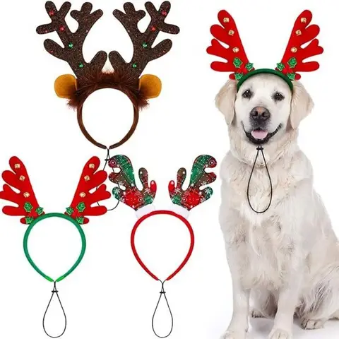 Diadema navideña con astas de reno para mascotas, gorros iluminados para perros y gatos con campanas, accesorios festivos para disfraces de mascotas