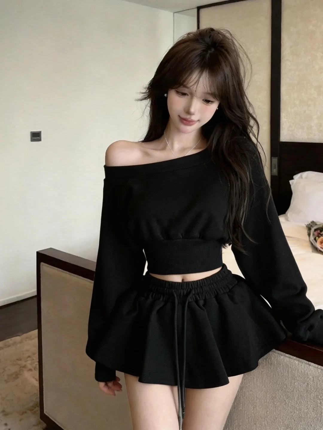 Gray Long Sleeve One Shoulder Sweatshirt And Short Skirt Set Casual Slim Fit Fashion Autumn Wear for Women with Puffy Sleeves
