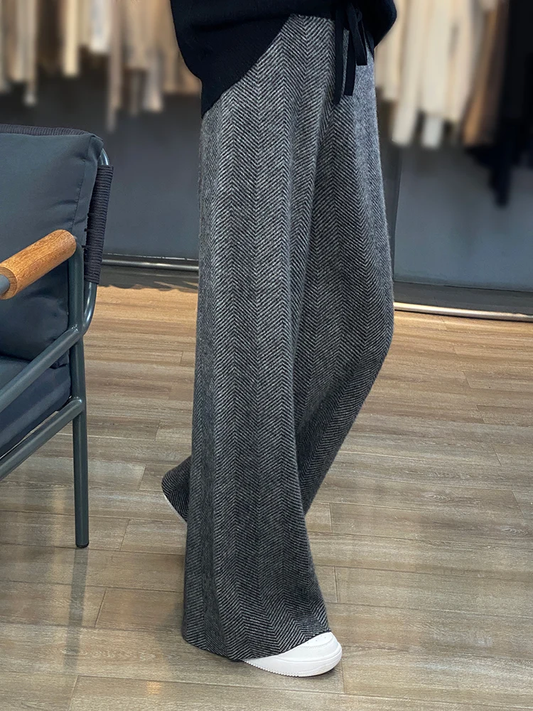 Autumn and Winter New Women\'s Knitted Herringbone Pattern Pants Casual Loose Wide Leg Pants 100% Merino Wool Pants Fashion Korea