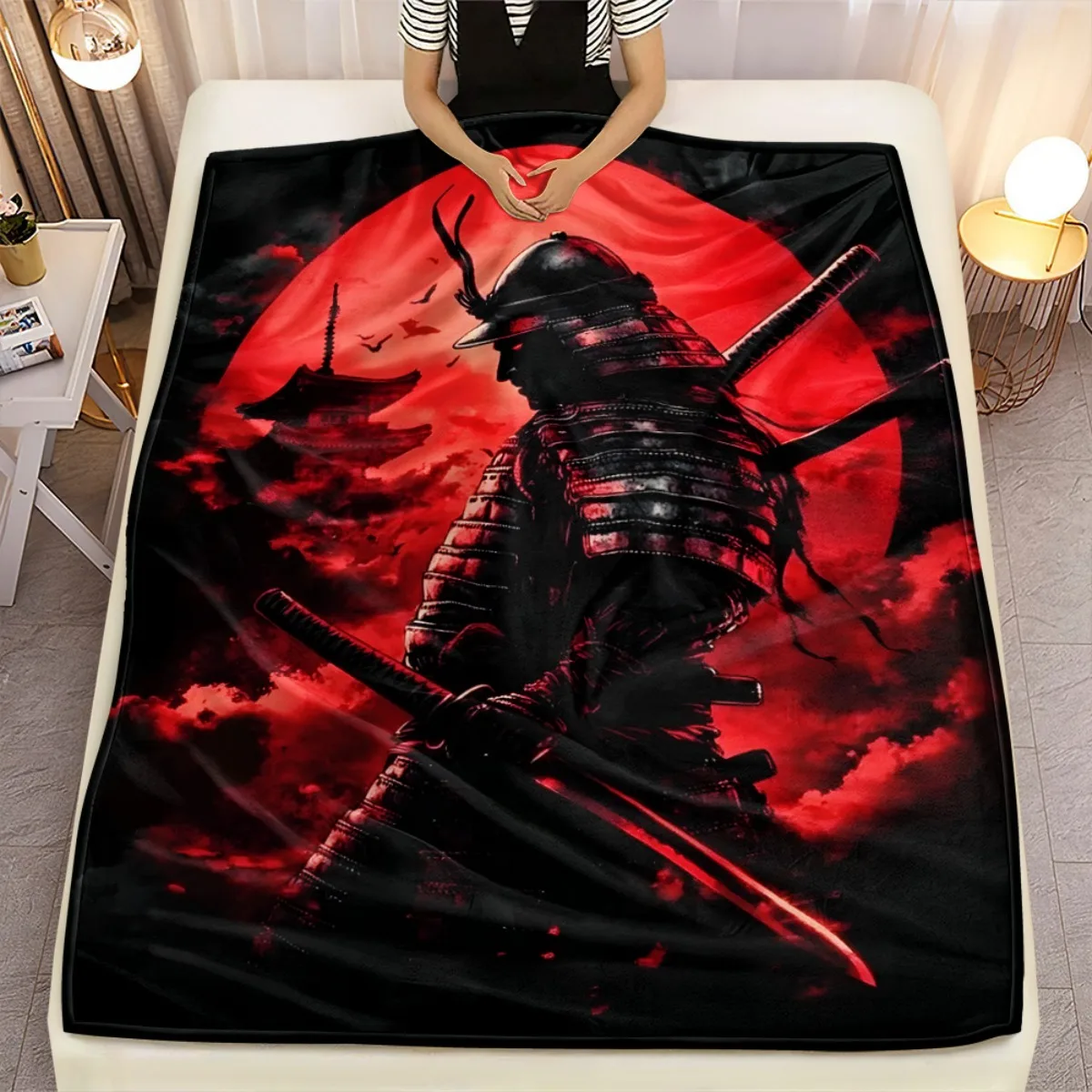 1pc Samurai Warrior Red Moon Fleece Blanket Flannel Throw Japanese Anime Art Bed Cover Ninja Sword Warrior Decor Gift