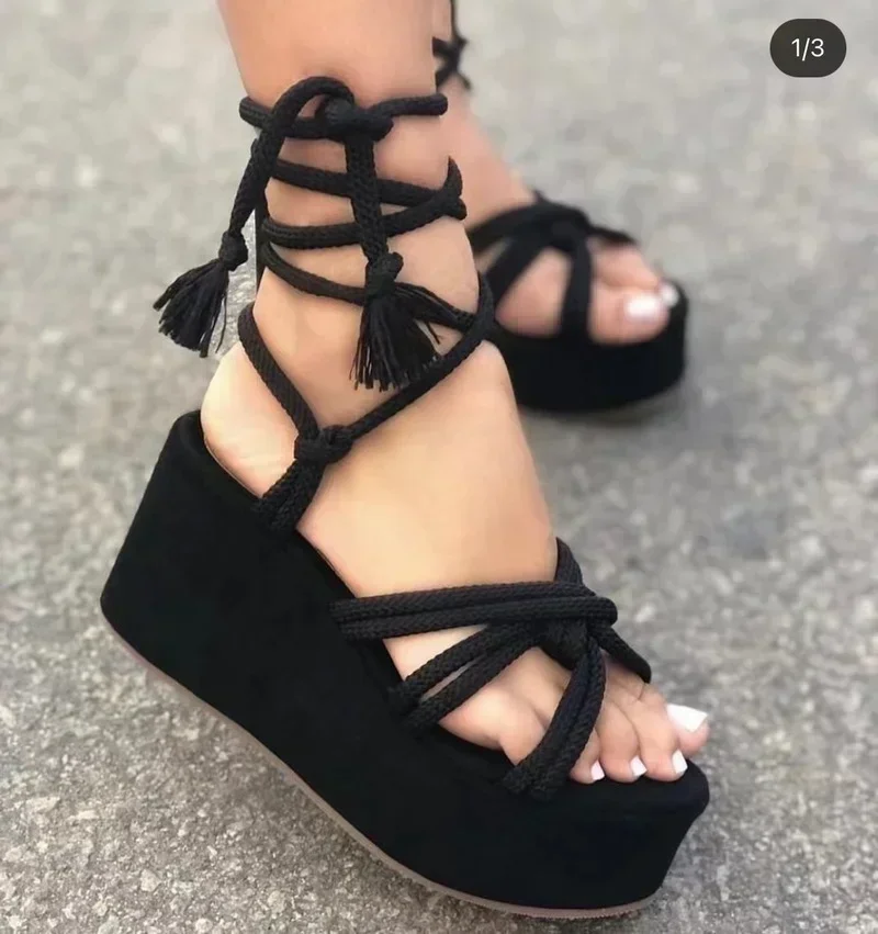Summer New Platform Wedge Sandals for Women Fashion Round Toe Cross Tied Height Increase Open Toe Femme Sandal Plus