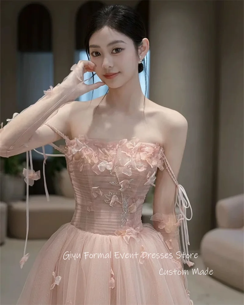 Giyu Elegant Blush Pink Tulle Wedding Dresses Korea Photoshoot 3D Flowers Spaghetti Straps Garden Shiny Evening Gowns Customized