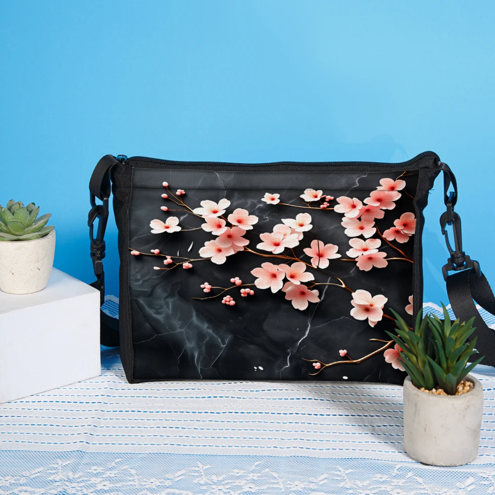 1pc Floral Print Crossbody Bag Black Cherry Blossom Pattern Shoulder Bags For Women Casual Daily Use Travel Handbag Small Pouch