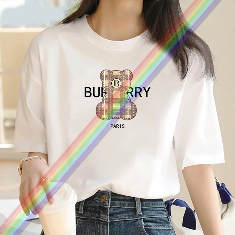 T-shirt manches courtes femme, estival et décontracté, en coton, avec dessin d\'ours imprimé, Harajuku, 2024
