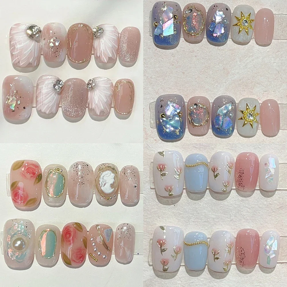 

10Pcs Handmade Cute Square Handmade Press on Nails Halo Dyeing Pink flowers Diamond Cat Eyes Wearable Artifical False Nail