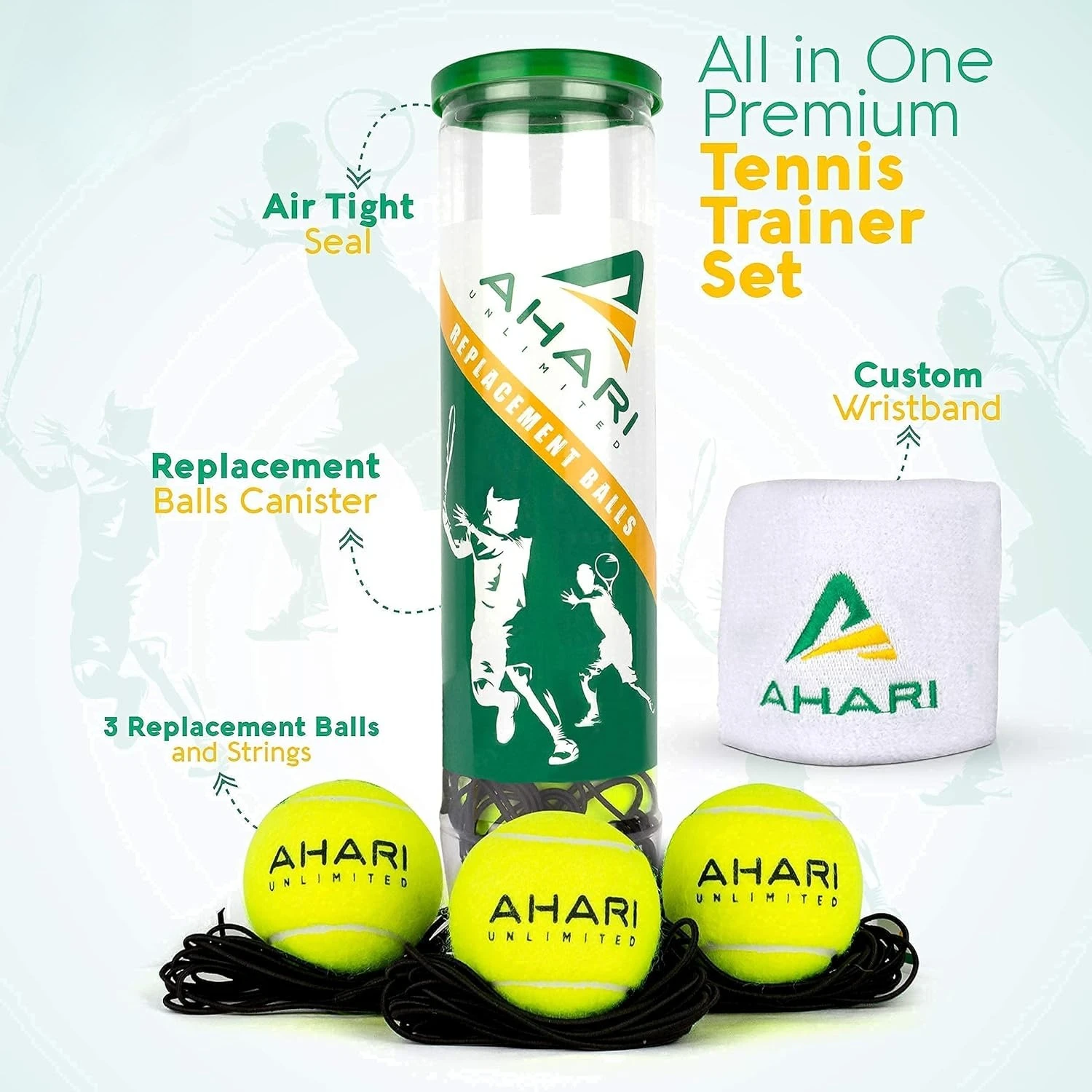 ارتداد التنس الاحترافي مع قاعدة معدنية في أسطوانة حمل و3 كرات بديلة وسوار معصم