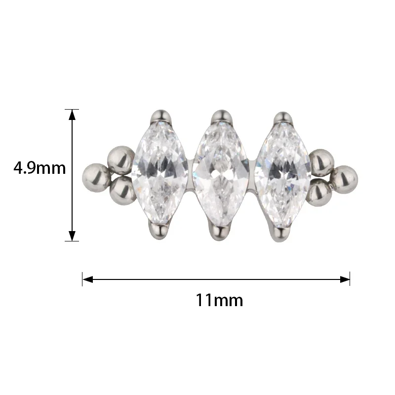 G23 Titanium EAR PIERC 3 Zircon Parallel Marquise With Tri-bead Cluster Top ear rings Earrings Lip Stud Thread Piercing Jewelry