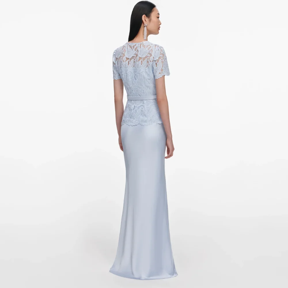 Fashion Button with Adjustable Sash Prom Gowns Women's O-neck Short Sleeve Two Piece Evening Dress Customized A-line Party Dress