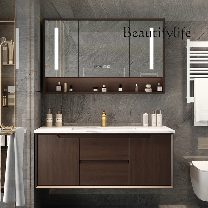 Chinese oak bathroom cabinet combination rock slab sink washbasin smart toilet washbasin