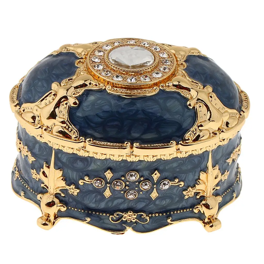 Oval Metal Vintage Jewelry Box Gift Earrings Storage Box , Blue