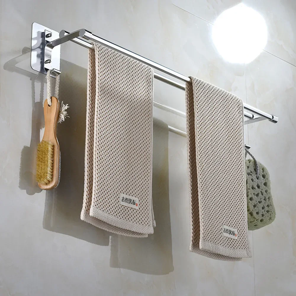 Towel Hanger Bars 40-60CM 2 Pole Punch-Free Shower Clothes Hanging  Wall Rack Silver Aluminum Holder Hook Bathroom Accessories