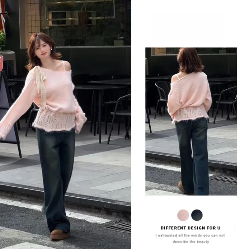 

Милый осенне-зимний новый мягкий розовый ажурный вязаный свитер с узлом, джинсовые широкие брюки, комплект из двух предметов для женщин