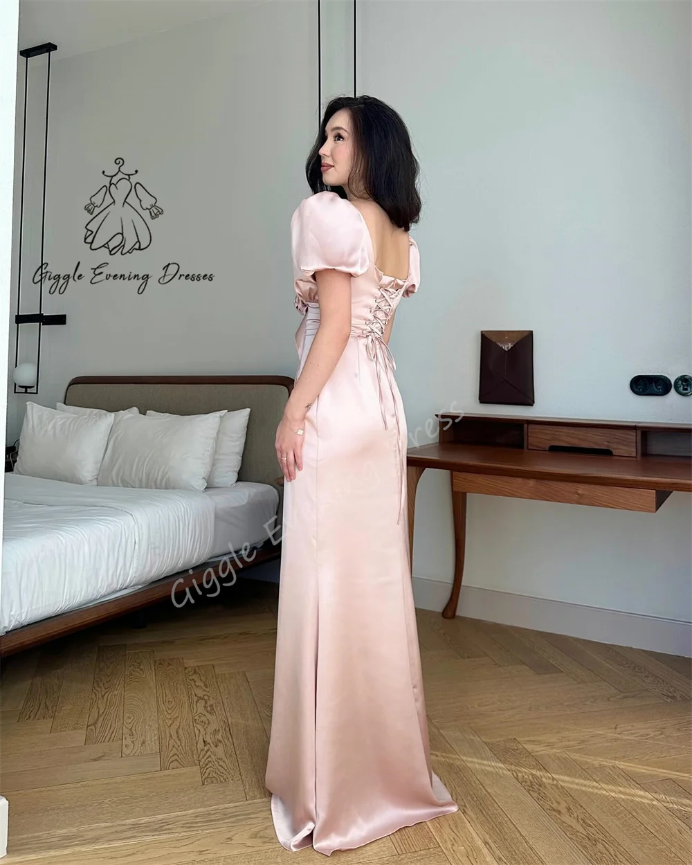 Personalizado giggle vestido de festa em linha reta com decote em v rendas flor artesanal mangas curtas cetim ruched formal saudita para mulher 2024