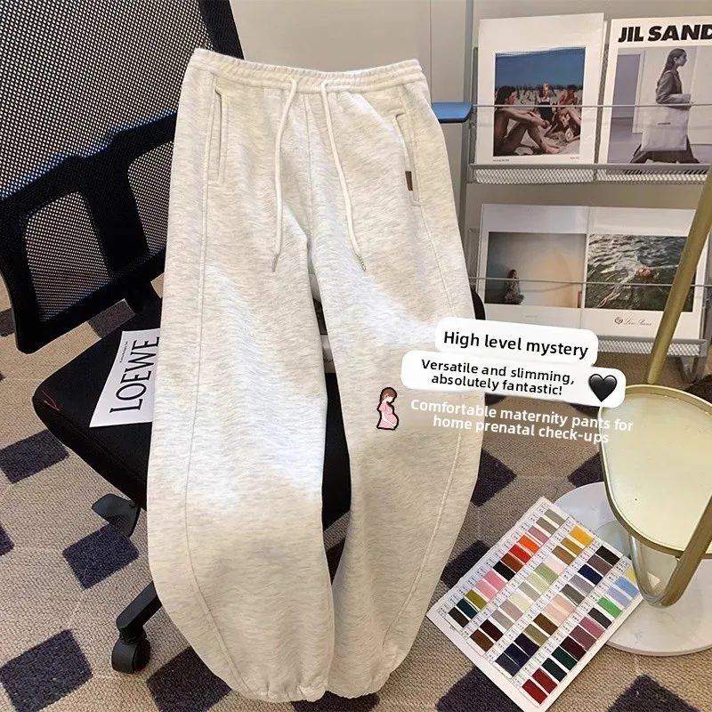 Pregnant Women's Thickened Fleece Lined Sports Long Pants Autumn Winter Loose Comfortable Maternity Trousers Casual Sweatpants