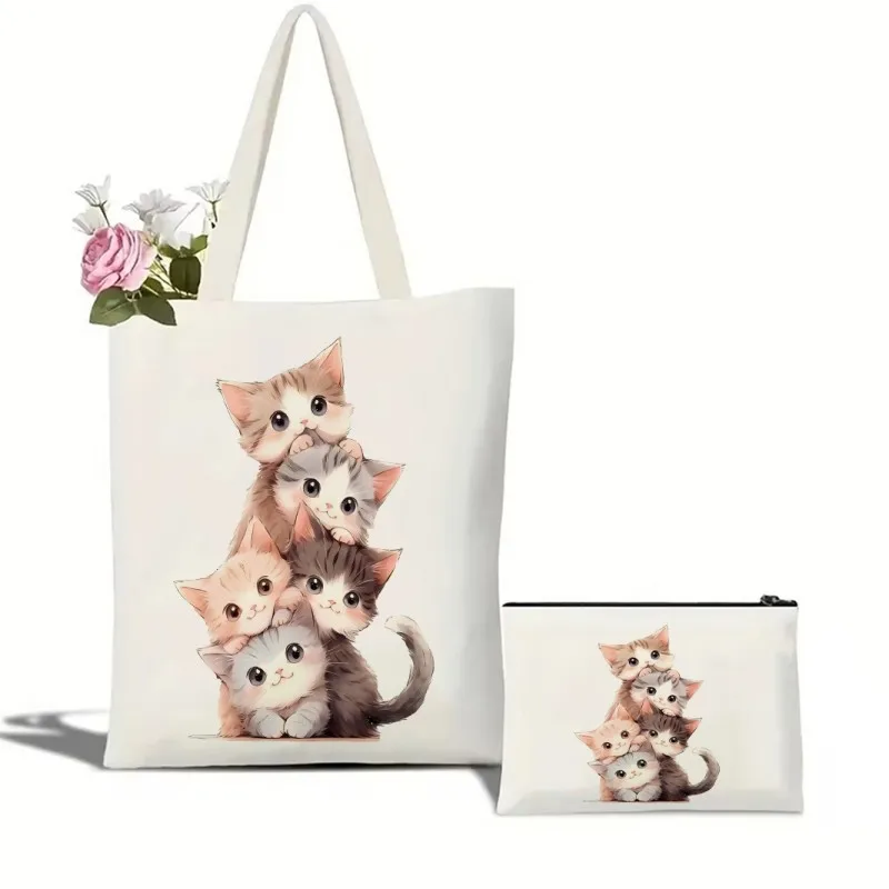 

Cute Cat Print Tote Bag Library Book Bag Booktrovert Tote Bag Makeup Bag Canvas Handbag Makeup Bag Book Lover Tote Bag