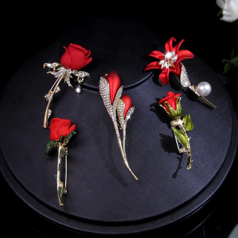 Elegant Rhinestone Rose Flower Tulip Brooches New Gold Silver Color Alloy Beauty Flower Party Office Brooch Pin Gifts Jewelry