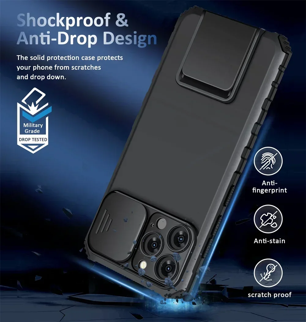 Shockproof Case For iPhone 16 15 14 13 12 11 Pro XS Max XR 8 7 Plus Pull Slide Camera Protection Magnetic Live Stand Phone Cover