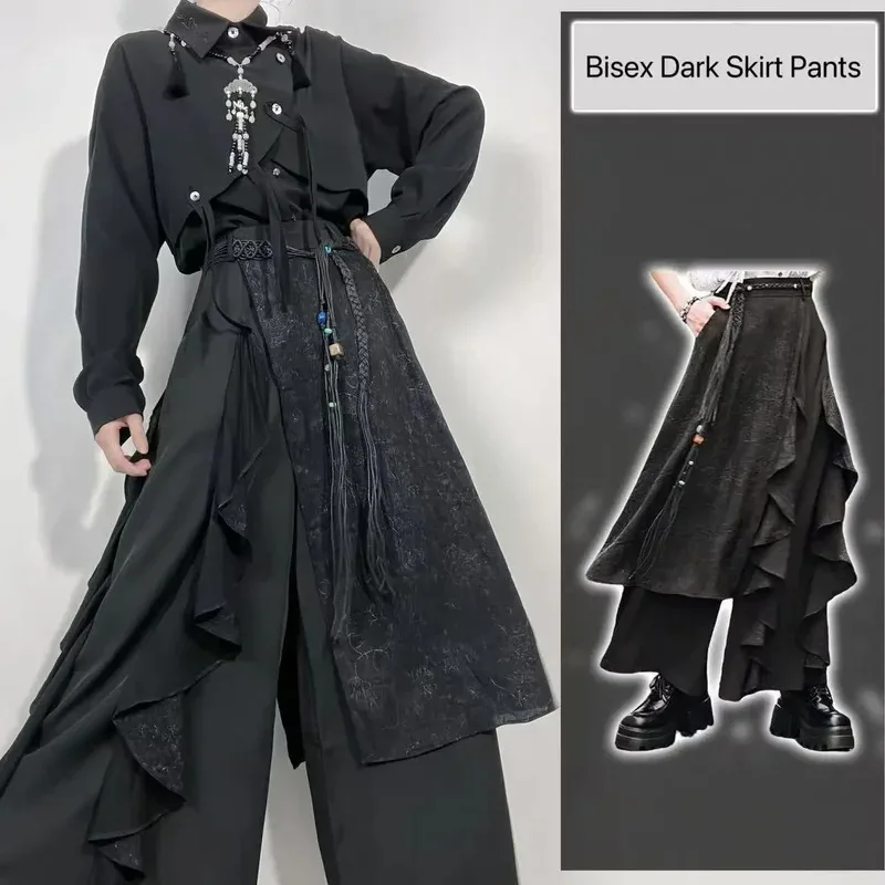 

New Chinese Style Patchwork Double-layer Wide Leg Pants Bisex Dark Black Skirt Pants Men Women Vintage Niche Fashion Culotte