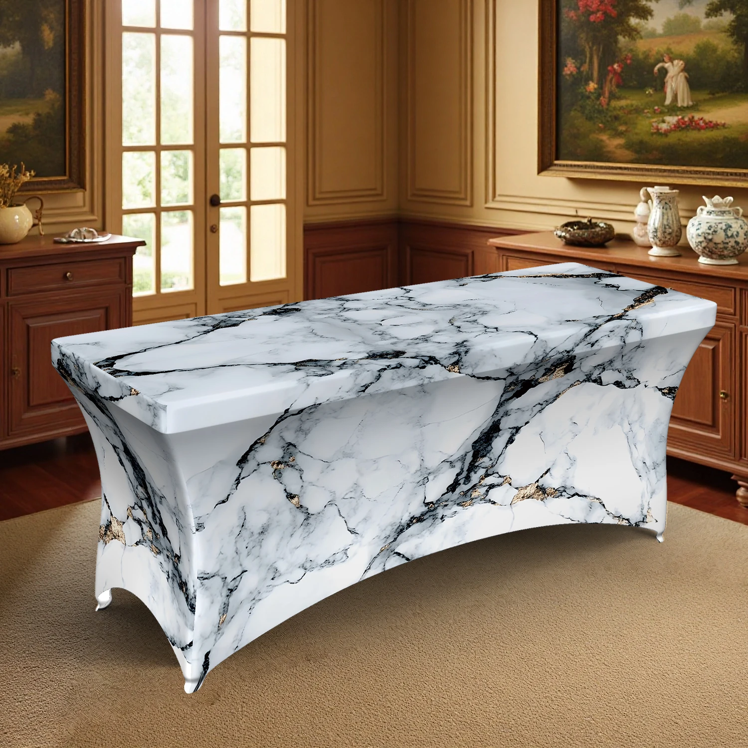 1PC Summer Outdoor Elastic Tablecloth, Luxury White Marble Pattern Stretchable Table Cover, 4/6/8FT Rectangular