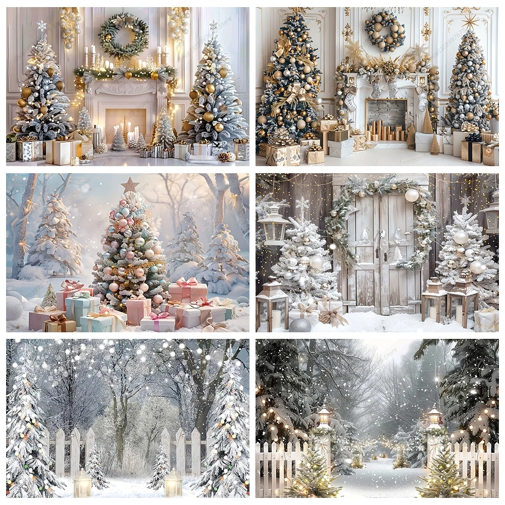 White Christmas Fireplace Background Xmas Tree Garland Gift Photography Backdrop Family Kids Holiday Party Banner Photo Studio