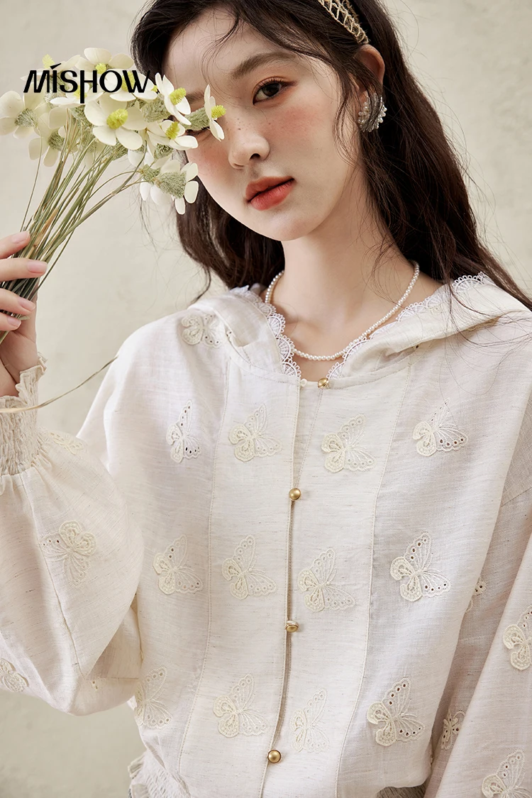 MISHOW French Spring Blouses Women 2025 New Hooded Long Sleeve Embroidery Lace Chiffon Shirts Woman Sunscreen Thin MXE15W0763