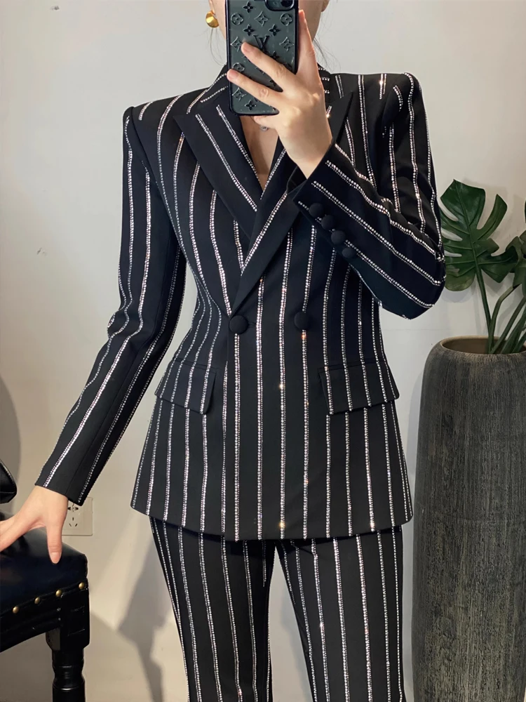 Blazer de trespassado duplo listrado feminino e calça Flare, strass de luxo, escritório, Lady, Outono, Inverno, 4O083, Conjunto de 2 Peças, 2022