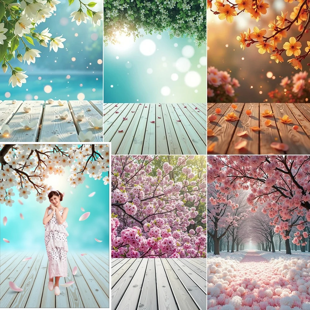 

MOON.QG Spring Floral Flower Wooden Backdrop Green Trees Leaves Wood Wall Photography Studio Background Birthday Photozone Prop