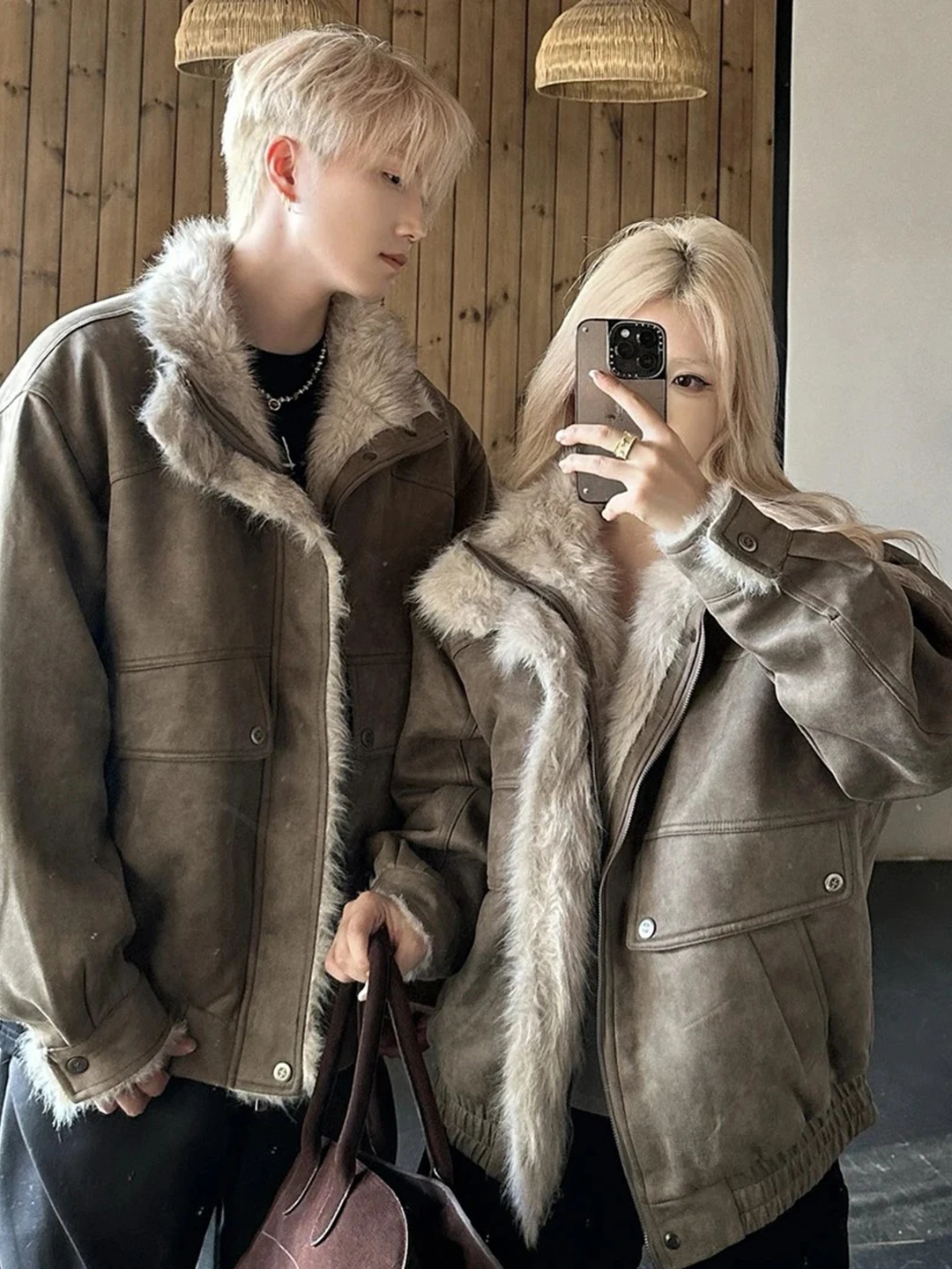 

Caramel Colored Melaud Leather Jaet Men's Winter American High Street Couple's Motorcycle ort Coat Mountain Eagle Pattern