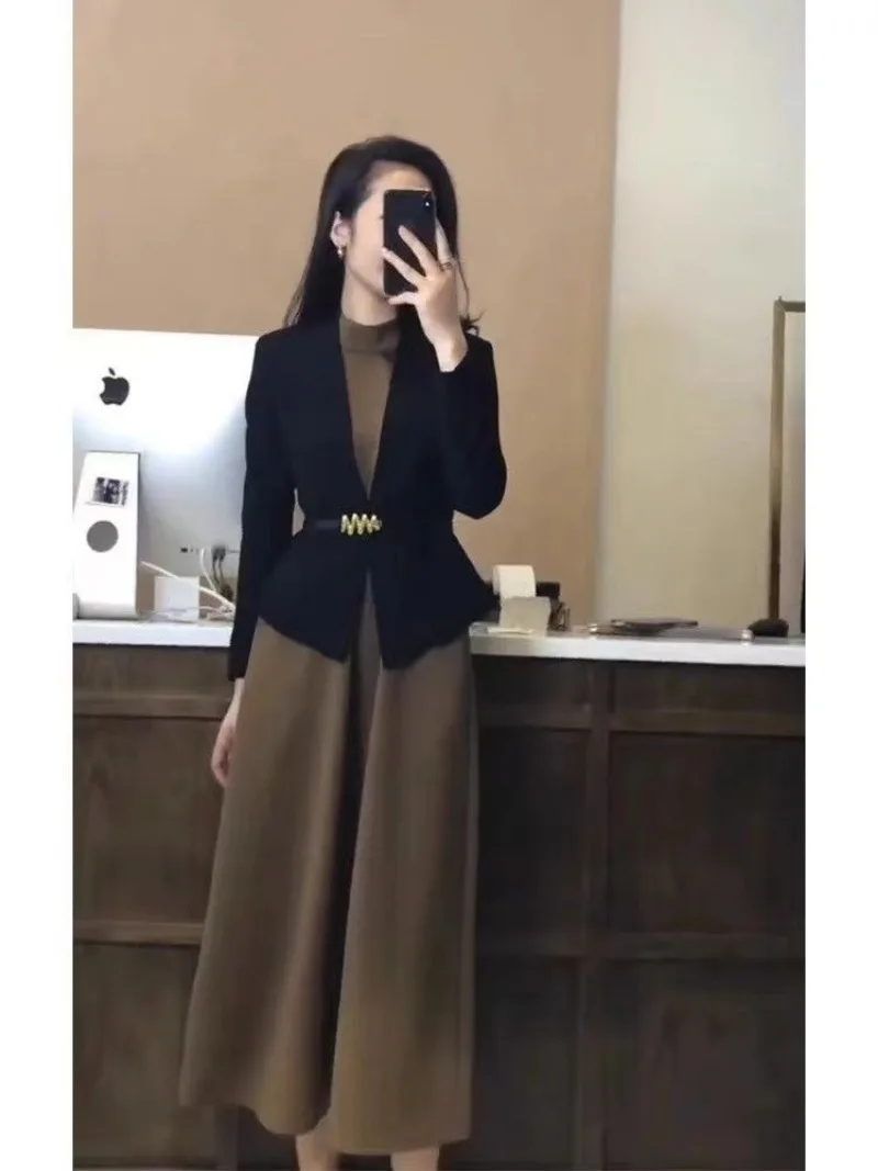 

New Luxury High End Autumn Women's Two Piece Set Elegant Long Sleeve Jacket + Sleeveless Dress Small Fragrance Suit Office Lady