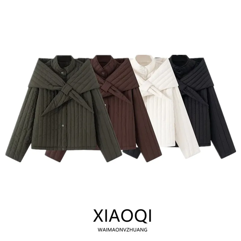 取り外し可能なスカーフ付きコットンジャケット、スタンドカラー、レディースアウター、春秋2025、ロング丈、ボタン留め、通勤スタイル