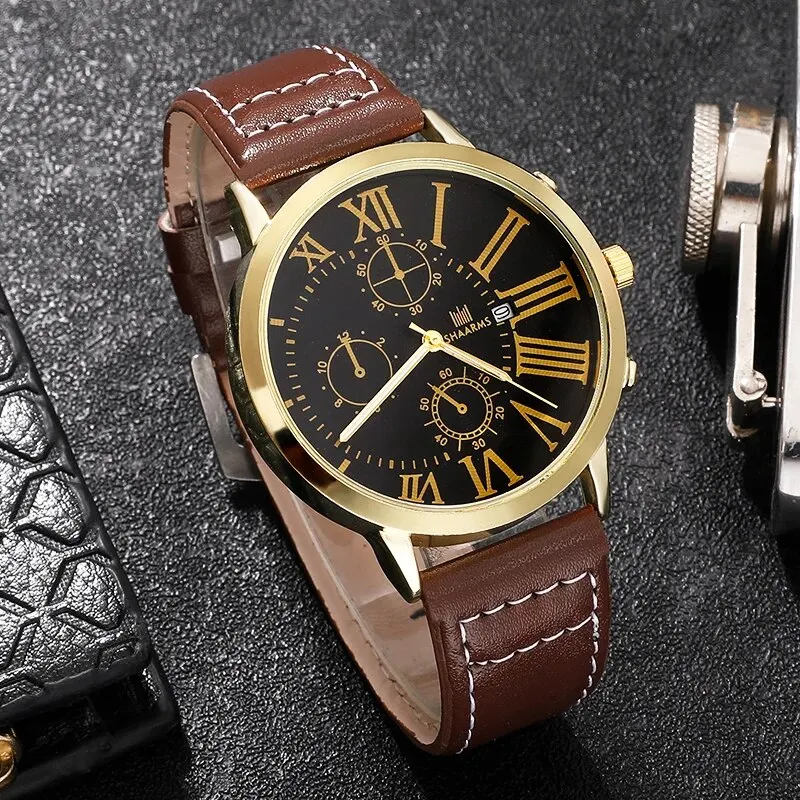 Mens Fashion Watches Round Calendar Big Dial Luxury Business Watches for Men Leather Strap Sports Watch Relogio Masculino