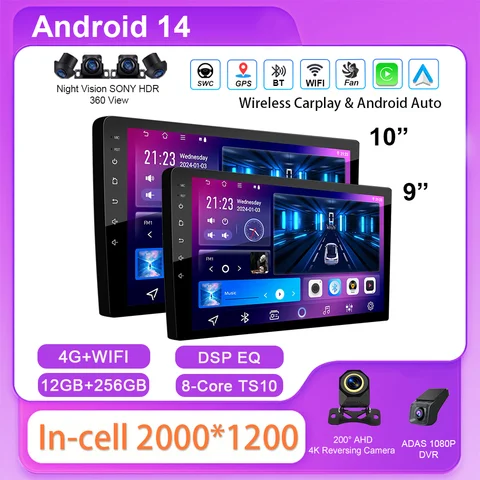 안드로이드 14 2 딘 자동차 라디오 Carplay 안드로이드 자동 9 10 인치 범용 멀티미디어 플레이어 DSP AM RDS AHD GPS WIFI Autoradio 8 코어