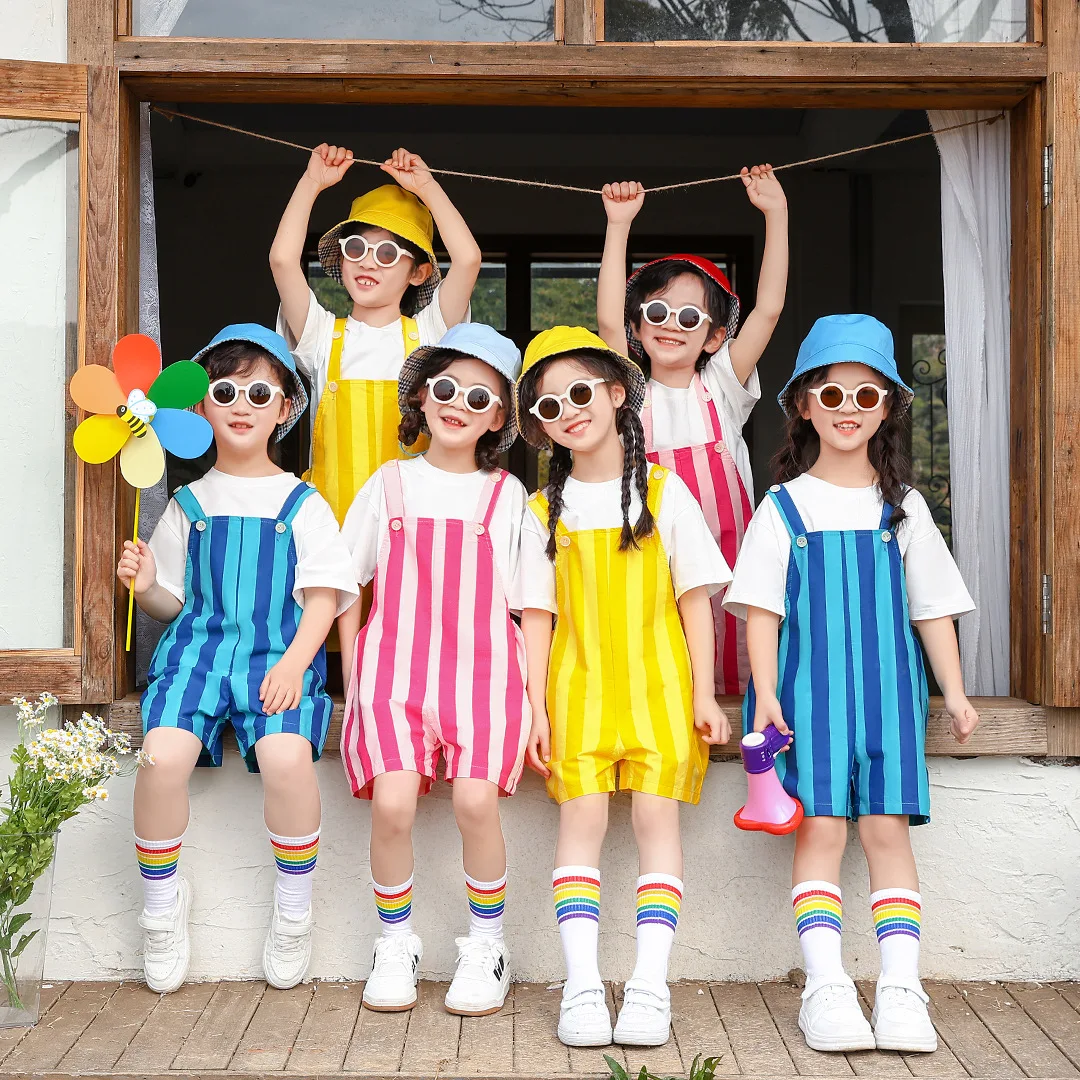 Kindergarten Performance Costume Group Dance Cute Colorful Overalls Children Performance Costume Summer Striped Suspender Pant