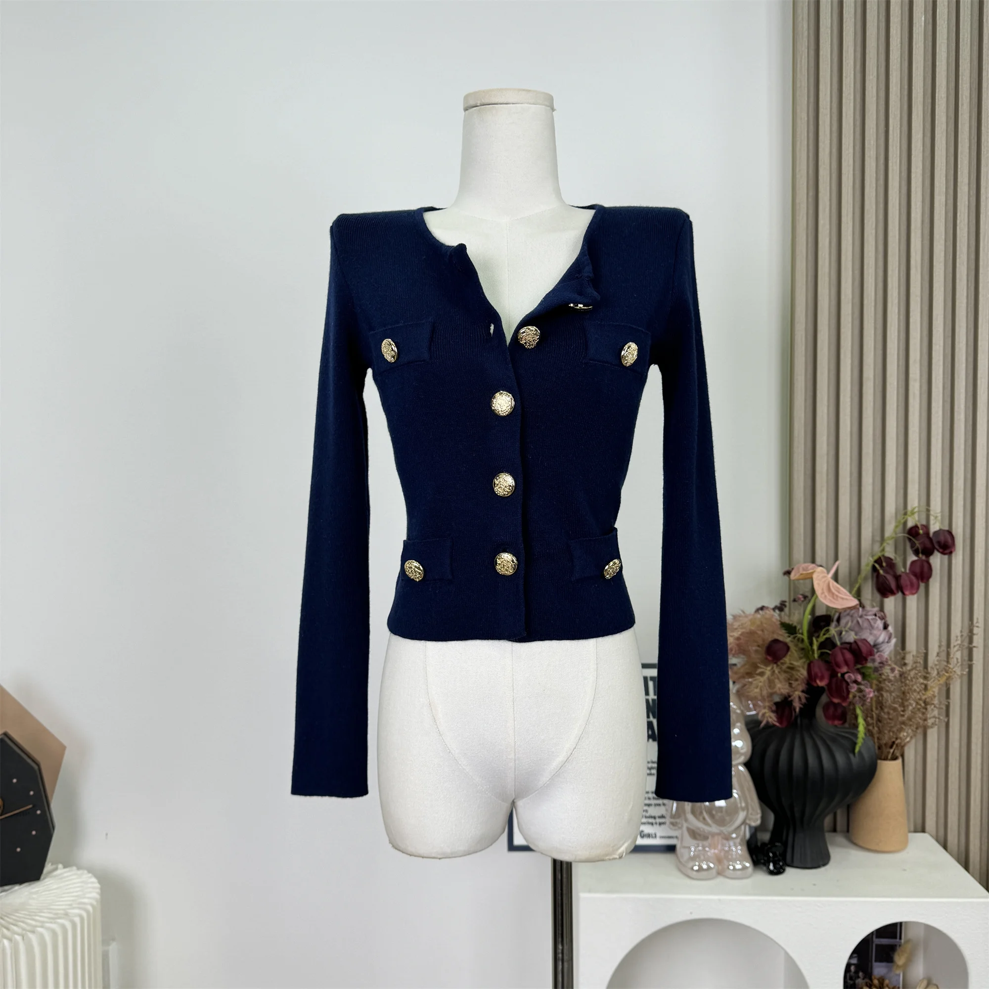 Women's Autumn Winter O Neck Slim Short Cardigan Lady Elegant Golden Button Long Sleeve Solid Color Cardigan