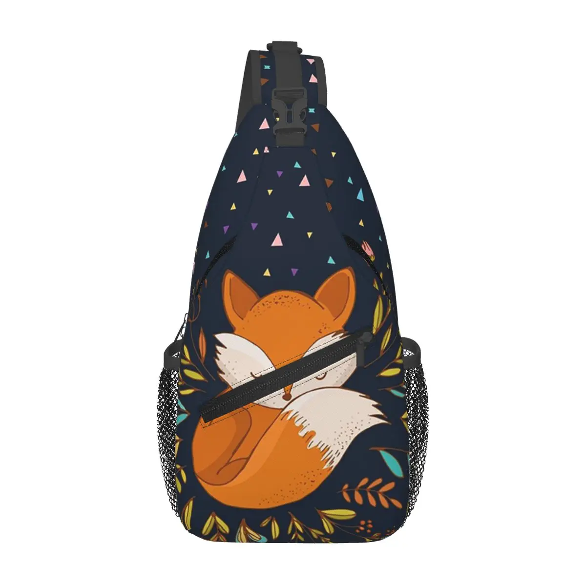 Cute Fox Flowers And Triangles Sling Backpack Sling Bag Hiking Traveling Chest Bag Daypack Men Crossbody Backpack Shoulder Bag