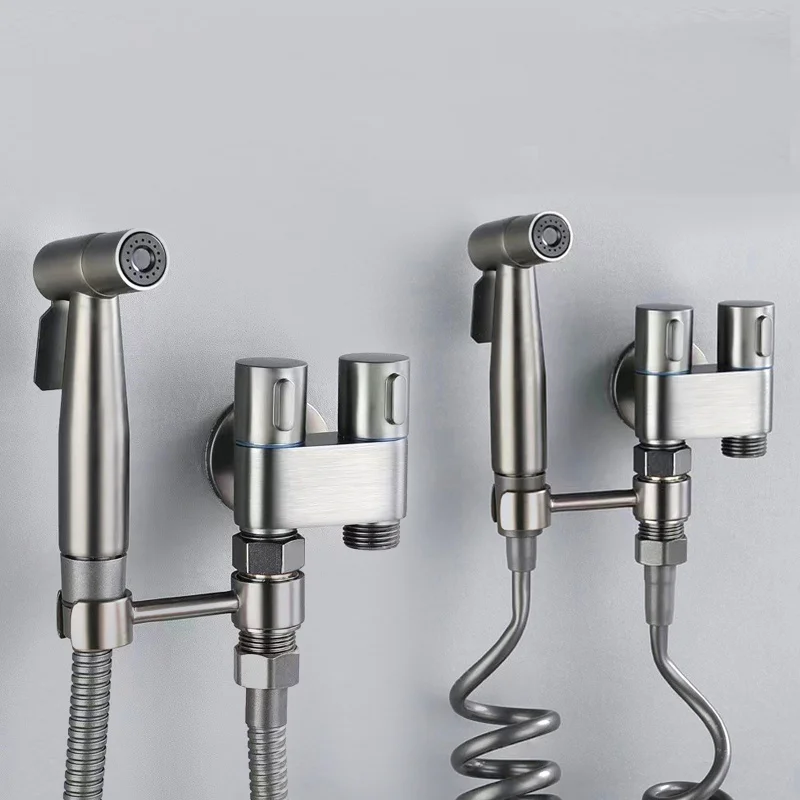 

Bathroom Bidet Faucet Gray Angle Valve Toilet Accessory Nozzle Flusher Supercharged Toilet One-Switch Two-Way Bidet Set