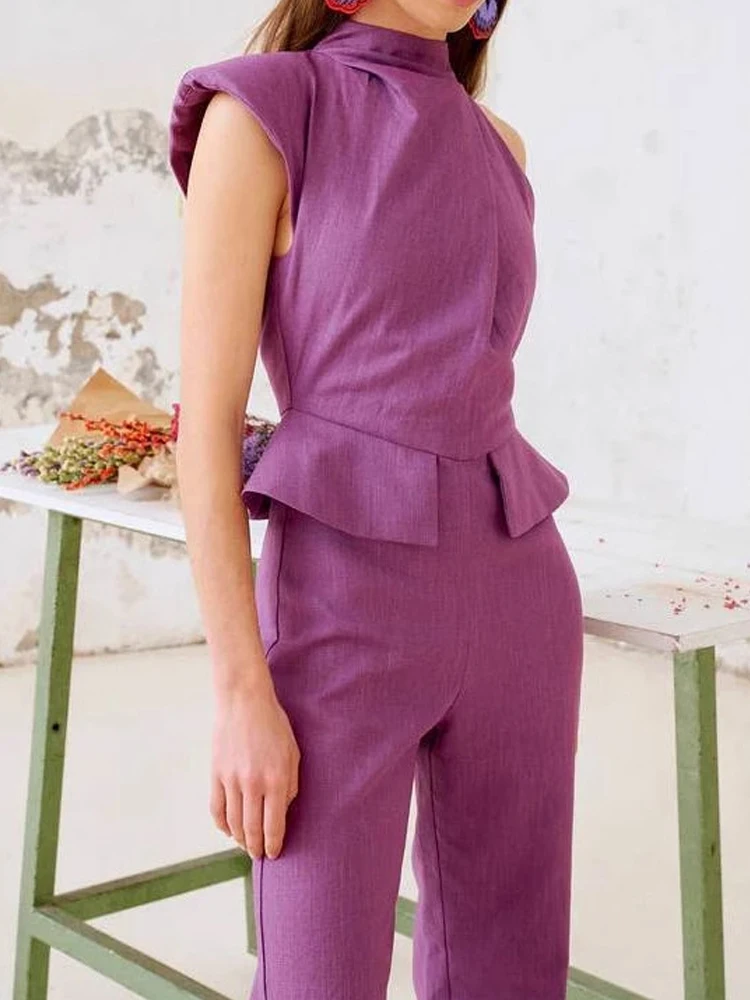 

Summer Women Elegant Sleeveless Party Rompers Casual Commuting Solid Color Playsuits Fashion O-neck Asymmetrical Long Jumpsuits
