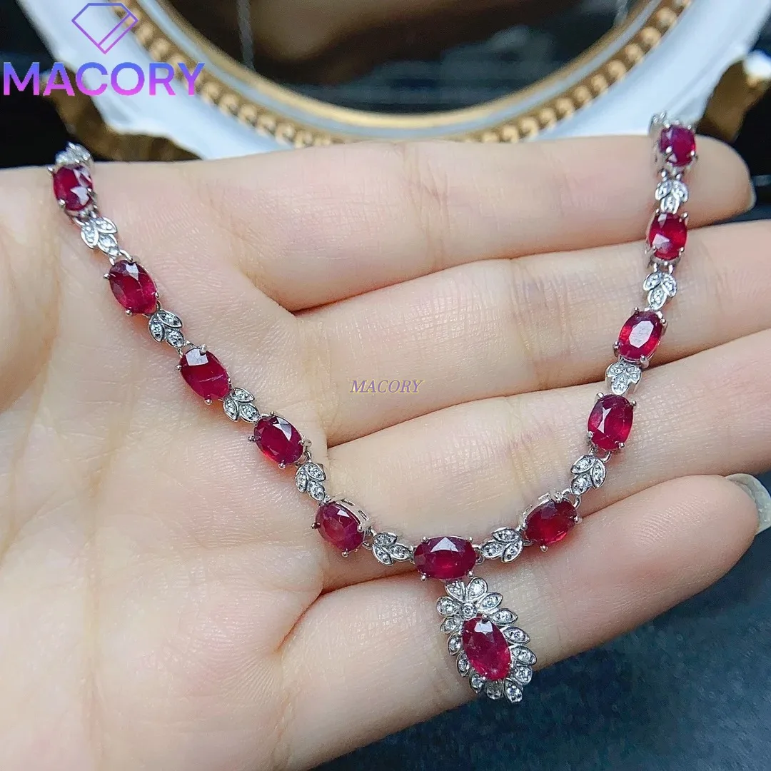

Natural Ruby Necklace Women's S925 Exquisite Fashion Luxury Necklace Sterling Silver Inlay 4*6 Wedding Jewelry
